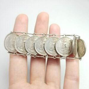 Vintage Mexico 20 Pesos Coin Chain Bracelet, Silver Tone, Hook Clasp 40s 50s